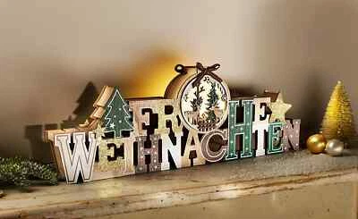 LED-Schriftzug "Frohe Weihnachten" Weihnachtsdeko Dekoration Wohnung Winter Holz - Bild 1 von 4