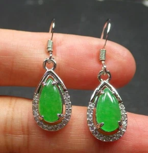White Gold Plate Icy Green JADE Earrings Teardrop Diamond Imitation 322627 - Picture 1 of 5