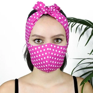 SET MASK MOUTH COVER + HEADBAND FUCHSIA POLKA DOT COTTON ADJUSTABLE EAR HANDMADE - Picture 1 of 8