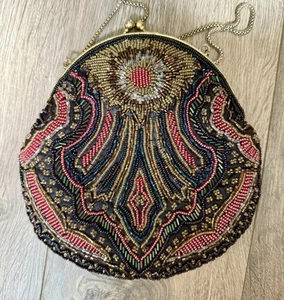 VINTAGE 1940’S STUNNING WALBORG PURSE AUTUMN SHADES MULTICOLORED BEADS EXCELLENT - Picture 1 of 5