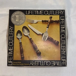 Wooden Black Pine Handle Colonial Vintage Flatware Silverware 24 Pc NIB - Picture 1 of 17