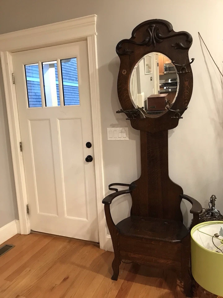 古董橡木厅座椅架带树伞设计 1900 年代 — 第 1/4 张图片