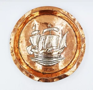 KUNSTHANDWERK SILBER INTARSIERTE KUPFERSCHALE um 1900 GALEONE - Bild 1 von 6