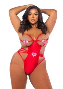 Übergröße rot bestickt Herz Applikationen & Satin Schritt offen Tanga Teddy Dessous - Bild 1 von 11