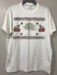 Women’s Single Stitch T-Shirt Size Large White Apples Orchard Chest Hit USA Vtg - Picture 1 of 10