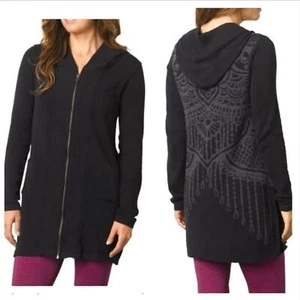 Prana Long Full Zip Black Tunic Sweater Duster Misha Design on Back Size Med - Picture 1 of 7