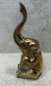 Vintage Brass Elephant Statue Figurine Trunk Up Very Nice Made In India - Picture 1 of 9