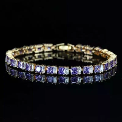 Brazalete de tenis para mujer con amatista creada en laboratorio corte princesa enchapado en oro amarillo de 14 k Foto 1 de 4