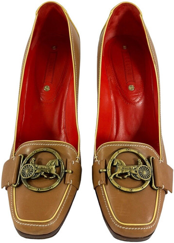 Mocassini Celine Marrone Pelle Cavallo Frontale Medaglione Tacchi Made in Italy 40C 10US