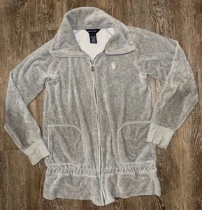 Ralph Lauren Big Girls Lg (12-14) Gray Velour, Zip Up, Pockets, Pink Pony - Picture 1 of 7