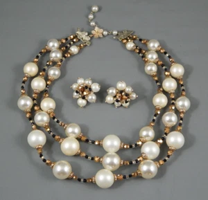 Vintage Signed Vendome Faux Pearl Metallic Glass Bead Necklace & Clip Earrings - Picture 1 of 5