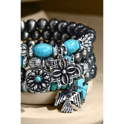 Juego de pulsera navajo con cuentas turquesa occidental de plata envejecida de 4 hilos Foto 1 de 3