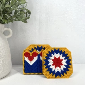 Vintage Plastic Canvas Coaster Set Starburst Pattern Red White Blue And Gold - Picture 1 of 6