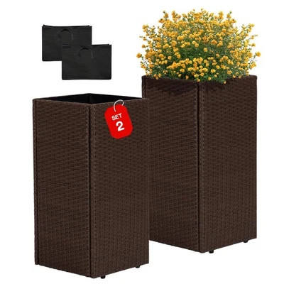 All-Weather Wicker Planters, Set of 2, 24 in Tall Wicker Planters, Self-Water... - Image 1 of 4