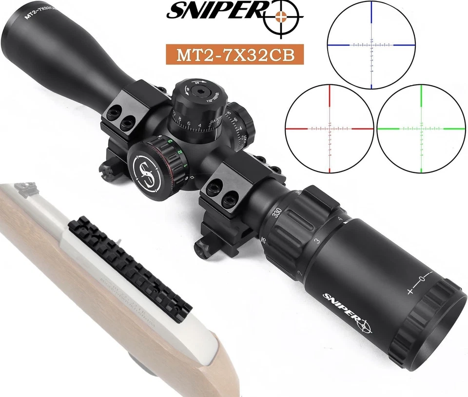 Mira para rifle Ruger 10/22 2-7x32 MOA iluminada retícula R/G/B con montaje en riel Foto 1 de 4