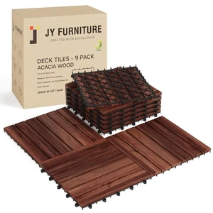 9 PCS Interlocking Deck Tiles 12" x 12" - Premium Acacia Wood Patio Tiles Wat... - Bild 1 von 9