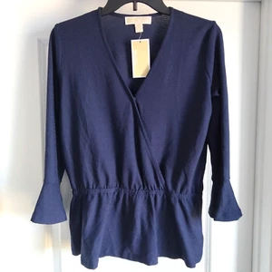 NWT PM Women's Michael Kors Petites Navy Faux Wrap V-Neck Peplum Blouse NEW - Picture 1 of 10