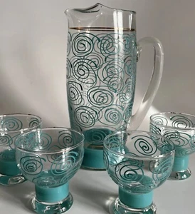 Mid Century Modern Turquoise Swirl Cocktail Set 5 Pieces - Picture 1 of 5