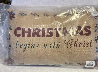 VHC Brands Burlap 22"x14" CHRISTMAS BEGINS WITH CHRIST Holiday Pillow - BNISP - Image 1 of 4
