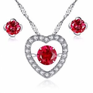 Real 925 Sterling Silver Simulated Ruby Heart Dancing Necklace Pendant Earrings