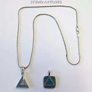 STERLING SILVER NECKLACE Italy 925 TURQUOISE CAU PENDANT Mother Of Pearl MOP - Picture 1 of 4