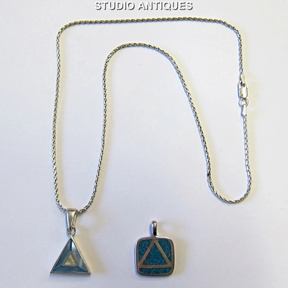 STERLING SILVER NECKLACE Italy 925 TURQUOISE CAU PENDANT Mother Of Pearl MOP - Image 1 of 4