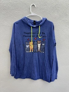 Anvil Womens Sweatshirt Size XL Blue Lightweight Hooded Happiness and Cat - Picture 1 of 10