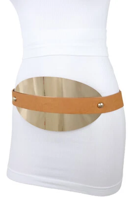 Cinturón de mujer marrón elástico ancho brillante ovalado dorado placa de metal hebilla S M Foto 1 de 4