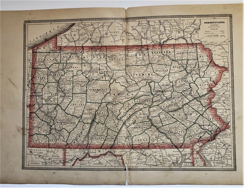 ORIGINAL 1883 COLOR  MAP OF PENNSYLVANIA  FROM CRAMS  ATLAS OF THE WORLD - Image 1 of 2
