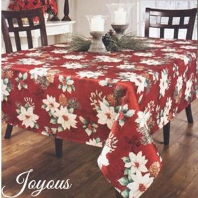 JOYOUS White Poinsettia Holly Sprigs Pine Cone Holiday Fabric Tablecloth NIP - Image 1 of 4