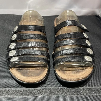 Sandalias Dansko para mujer talla 6/37 Janie Slide negras de cuero Napa con tiras cómodas usadas en excelente estado Foto 1 de 4