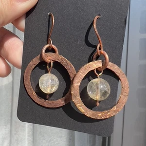 Artisan Made Hammered Copper Ring Crystal Glass Bead Dangle Drop Earrings Boho - Picture 1 of 3