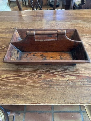 Antique Primitive Canted Side Wooden Cutlery - Tool Tray with Handle - Image 1 of 4