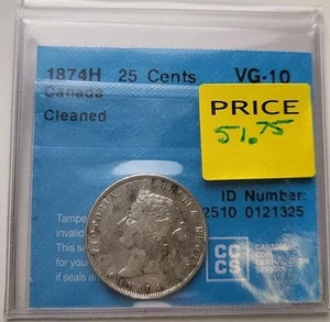 Canadá 1874 H veinticinco centavos 25c plata graduado CCS en muy buena condición 10,925 plata limpia - Imagen 1 de 4