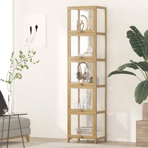 Oikiture Display Cabinet Slim Storage 5-Tier Shelves Clear Bookcase Rack Oak - Picture 1 of 10