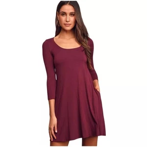 Lulus Twirl Power Dress Swing Womens Sz L Burgundy Stretch Pockets Knee Length - Picture 1 of 10