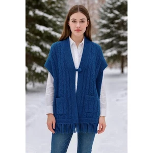 ARAN CRAFTS Irish Ireland Blue Merino Wool Cable Knit Cape Sweater One Size - Picture 1 of 10