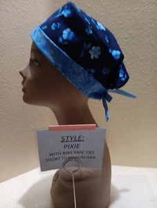 Flowers Small on Navy Pixie Skull Women's Surgical Scrub Hat/Cap Handmade - Picture 1 of 9