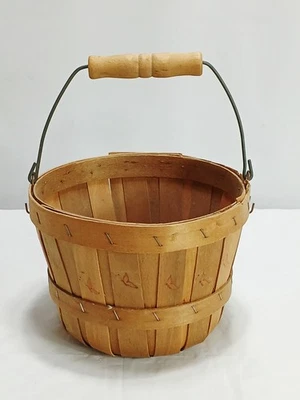 Vtg Miniature Wood / Handled Bushel Basket = 4.5"x5.5" = Primitive Decor - Image 1 of 4