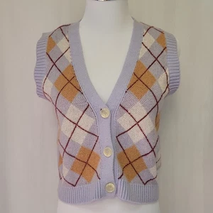Hazel Moon Flieder Argyle Knopfleiste Crop Pullover Weste Light Academia Preppy Gr. M - Bild 1 von 5