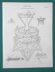 SURVEYING Ramsden 's Grand Theodolite - 1822 Original Print A. Rees - Picture 1 of 3