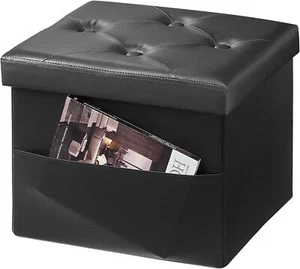 Storage Ottoman Foot Rest Stool, Leather Bench, Side Pocket Black, 13x17x13" - Picture 1 of 6