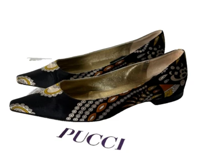 Zapatos planos Emilio Pucci Italia sarga de seda negra estampado PUCCI 7,5 EE. UU.-AUST/37,5IT Foto 1 de 4