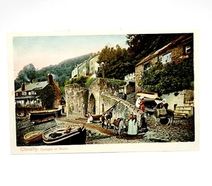 Devon England Clovelly Cottages on Beach Boats Color White Border 1910s Postcard - Picture 1 of 23
