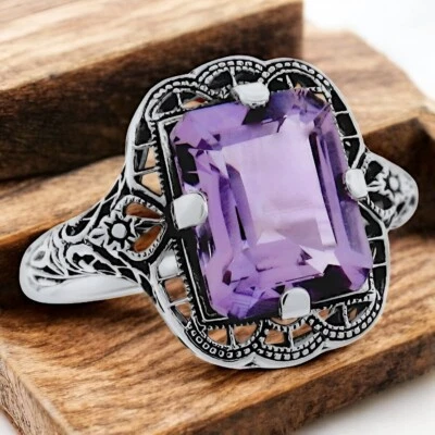 ANILLO ESTILO ART DECO PLATA ESTERLINA 925 AMATISTA BRASILEÑA GENUINO 2,5 quilates #918 Foto 1 de 4