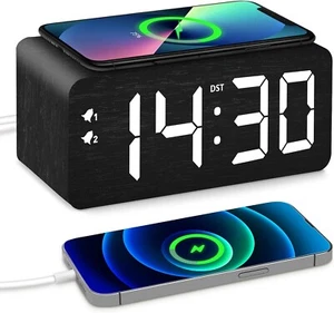 Wood Digital Alarm Clock with 10W Fast Wireless Charger, USB Charging Ports, DST - Picture 1 of 13