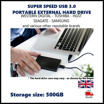 500GB PORTABLE EXTERNAL DRIVE HDD Xbox PC MAC PS4 USB3.0 HGST WD Samsung Seagate - Image 1 of 3