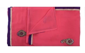 Blend Georgette Hand Beaded Fabric Premium 5 Yd Sari Paisley Vintage Pink Saree - Picture 1 of 4