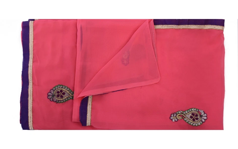 Blend Georgette Hand Beaded Fabric Premium 5 Yd Sari Paisley Vintage Pink Saree  - Image 1 of 3