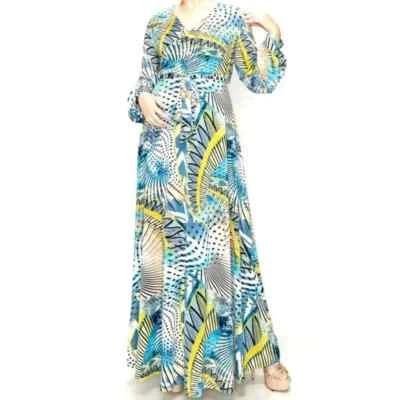 Maxi Vestido Janette Plus Moda Azul Sea Breeze Bell Manga Larga Imitación Envolvente Foto 1 de 4